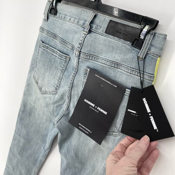 Homme + Femme NEW Tesla Skinny Blue Jeans 28 Yellow Green Gradient Logo Ribbon - Picture 6 of 9